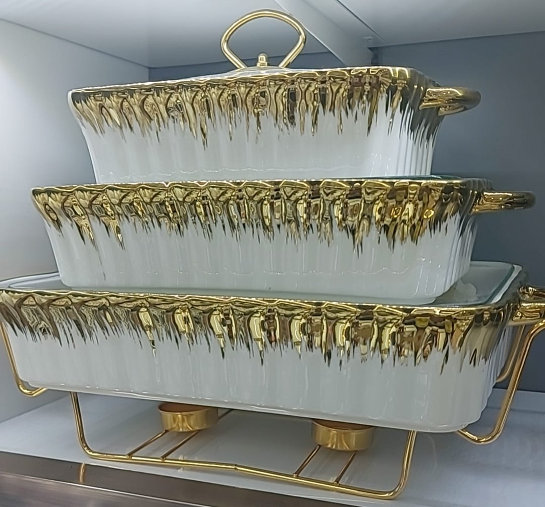 3pcs White gold Ceramic chaffing dish