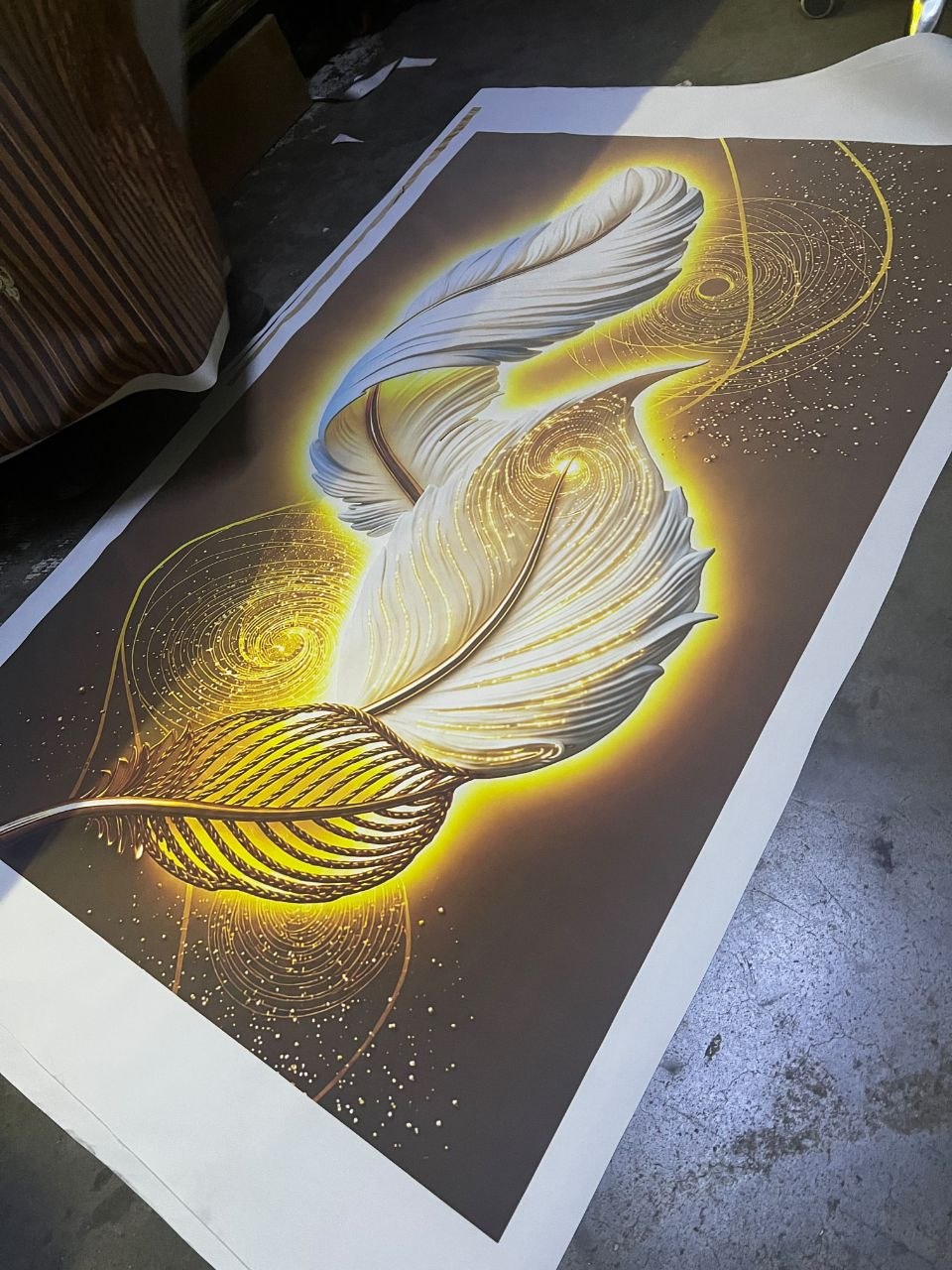 Luminous Celestial Plumage Printed Canvas – Modern Glow & Swirl Wall Decor